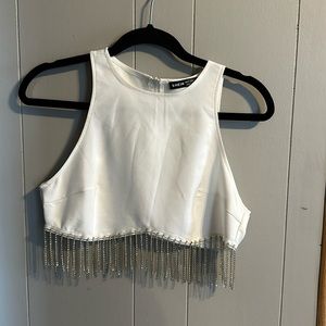White crop top with rhinestone fringe
